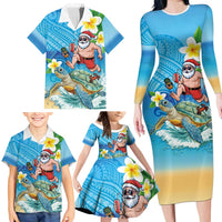 Polynesian Merry Christmas Family Matching Long Sleeve Bodycon Dress and Hawaiian Shirt Funny Santa with Sea Turtle Beach Plumeria LT03 - Polynesian Pride