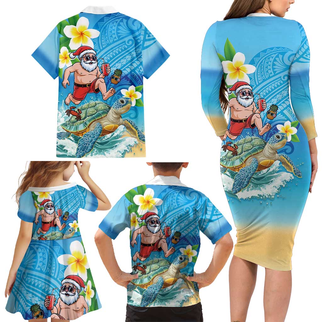 Polynesian Merry Christmas Family Matching Long Sleeve Bodycon Dress and Hawaiian Shirt Funny Santa with Sea Turtle Beach Plumeria LT03 - Polynesian Pride