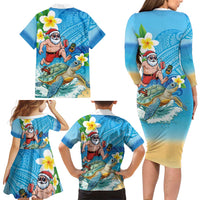 Polynesian Merry Christmas Family Matching Long Sleeve Bodycon Dress and Hawaiian Shirt Funny Santa with Sea Turtle Beach Plumeria LT03 - Polynesian Pride