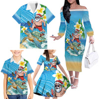 Polynesian Merry Christmas Family Matching Off The Shoulder Long Sleeve Dress and Hawaiian Shirt Funny Santa with Sea Turtle Beach Plumeria LT03 - Polynesian Pride