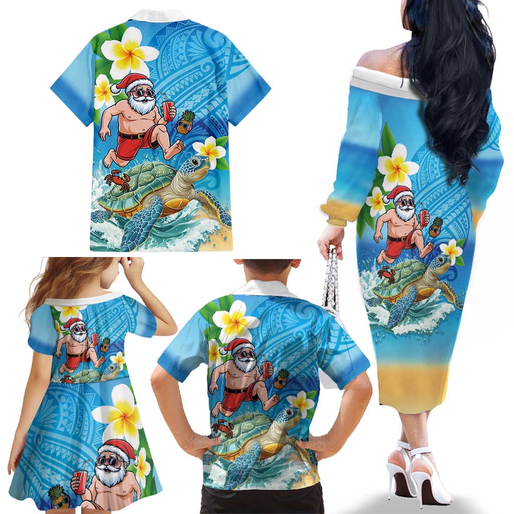 Polynesian Merry Christmas Family Matching Off The Shoulder Long Sleeve Dress and Hawaiian Shirt Funny Santa with Sea Turtle Beach Plumeria LT03 - Polynesian Pride