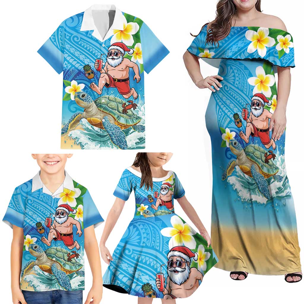 Polynesian Merry Christmas Family Matching Off Shoulder Maxi Dress and Hawaiian Shirt Funny Santa with Sea Turtle Beach Plumeria - Polynesian Pride