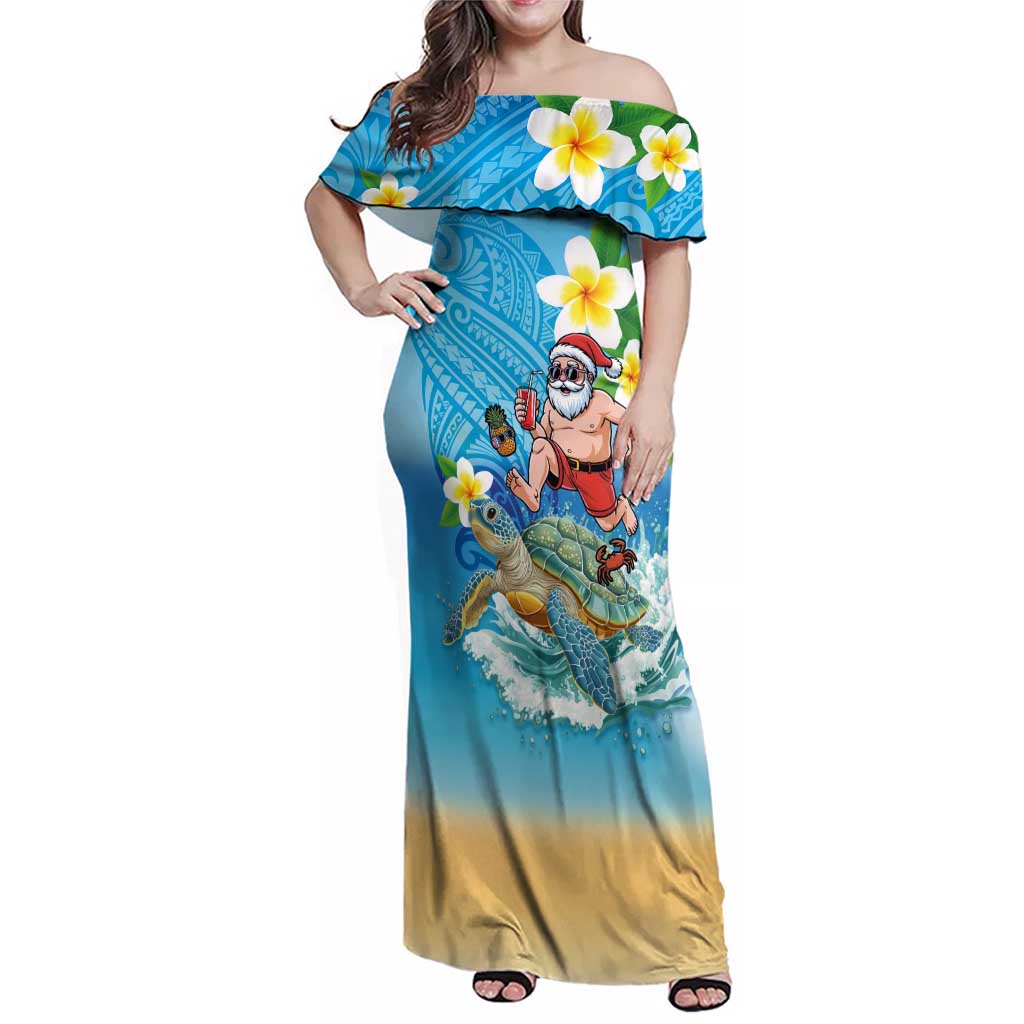 Polynesian Merry Christmas Family Matching Off Shoulder Maxi Dress and Hawaiian Shirt Funny Santa with Sea Turtle Beach Plumeria LT03 Mom's Dress Multicolor - Polynesian Pride