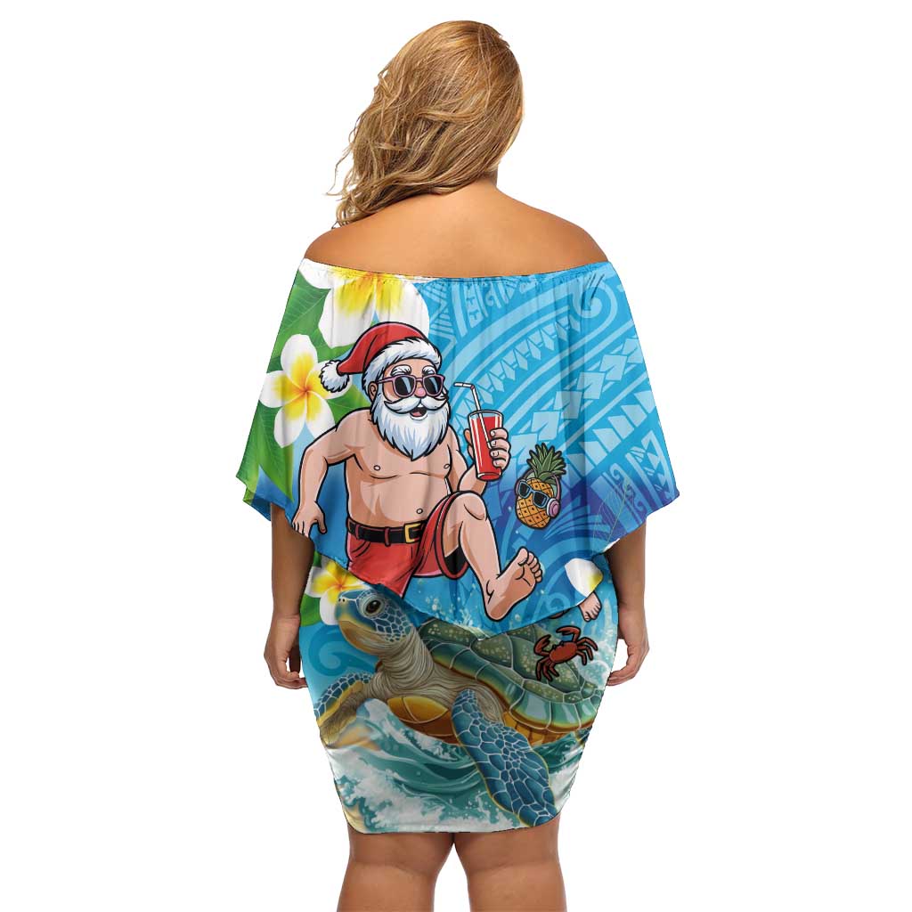 Polynesian Merry Christmas Family Matching Off Shoulder Short Dress and Hawaiian Shirt Funny Santa with Sea Turtle Beach Plumeria LT03 - Polynesian Pride