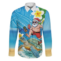 Polynesian Merry Christmas Family Matching Puletasi and Hawaiian Shirt Funny Santa with Sea Turtle Beach Plumeria LT03 Dad's Shirt - Long Sleeve Multicolor - Polynesian Pride