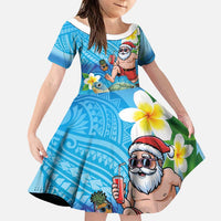 Polynesian Merry Christmas Family Matching Short Sleeve Bodycon Dress and Hawaiian Shirt Funny Santa with Sea Turtle Beach Plumeria LT03 Daughter's Dress Multicolor - Polynesian Pride
