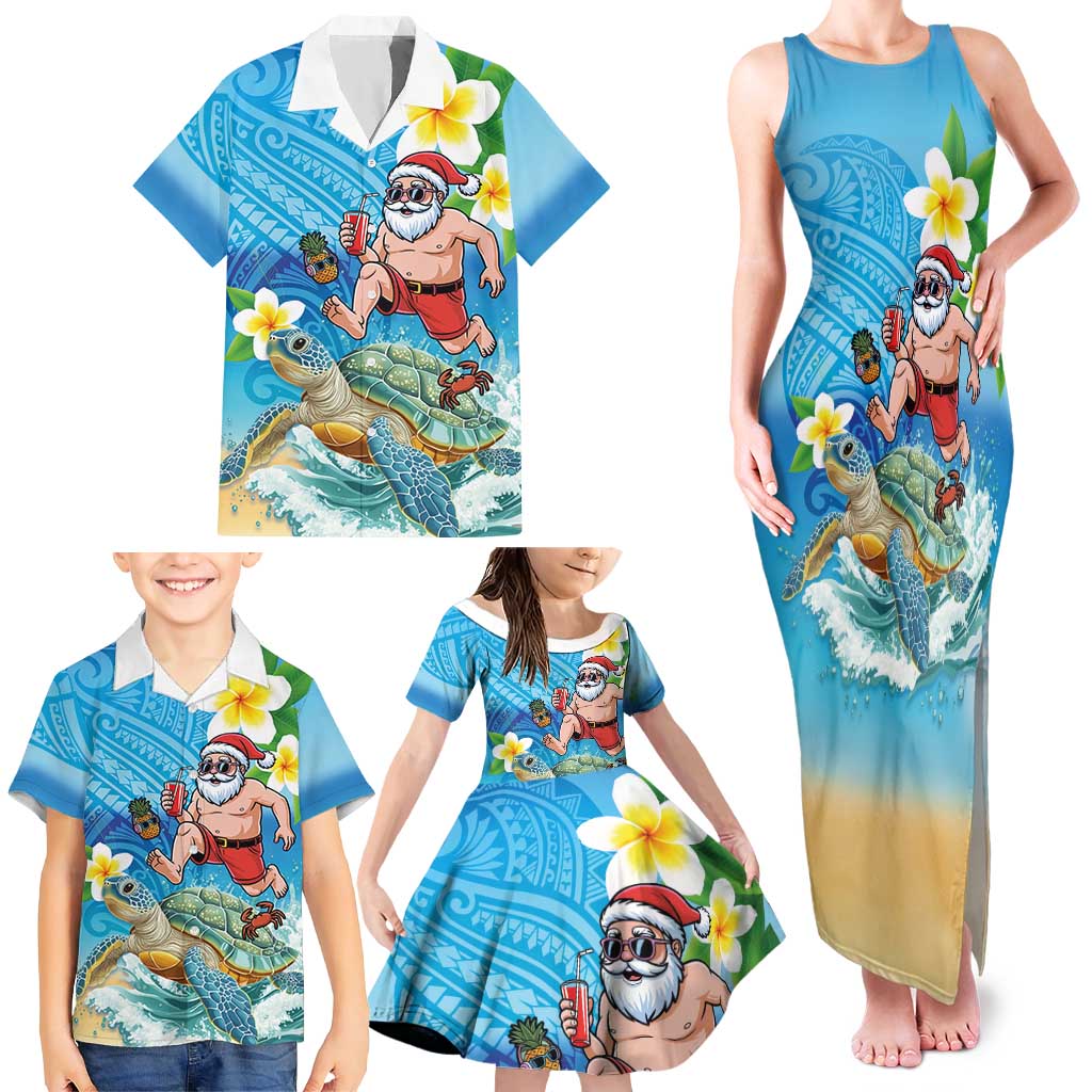 Polynesian Merry Christmas Family Matching Tank Maxi Dress and Hawaiian Shirt Funny Santa with Sea Turtle Beach Plumeria - Polynesian Pride