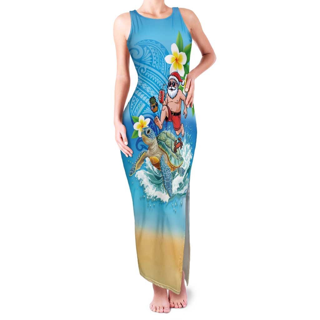 Polynesian Merry Christmas Family Matching Tank Maxi Dress and Hawaiian Shirt Funny Santa with Sea Turtle Beach Plumeria LT03 Mom's Dress Multicolor - Polynesian Pride