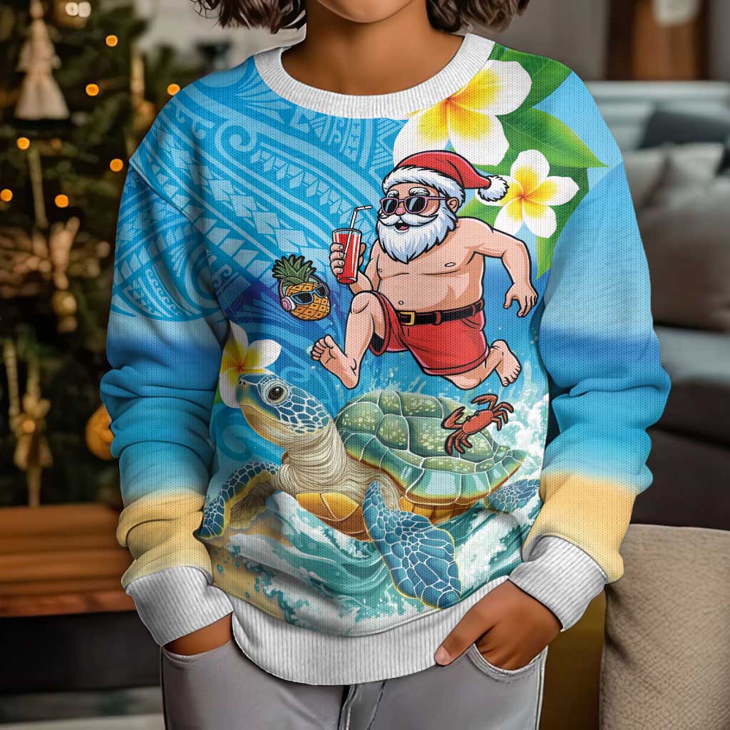 Polynesian Merry Christmas Kid Ugly Christmas Sweater Funny Santa with Sea Turtle on Beach and Plumeria LT03 - Polynesian Pride