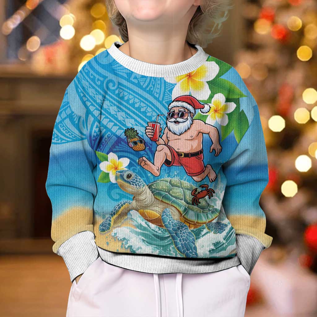 Polynesian Merry Christmas Kid Ugly Christmas Sweater Funny Santa with Sea Turtle on Beach and Plumeria LT03 - Polynesian Pride