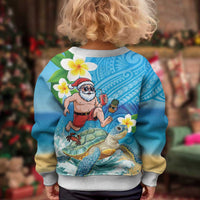 Polynesian Merry Christmas Kid Ugly Christmas Sweater Funny Santa with Sea Turtle on Beach and Plumeria LT03 - Polynesian Pride