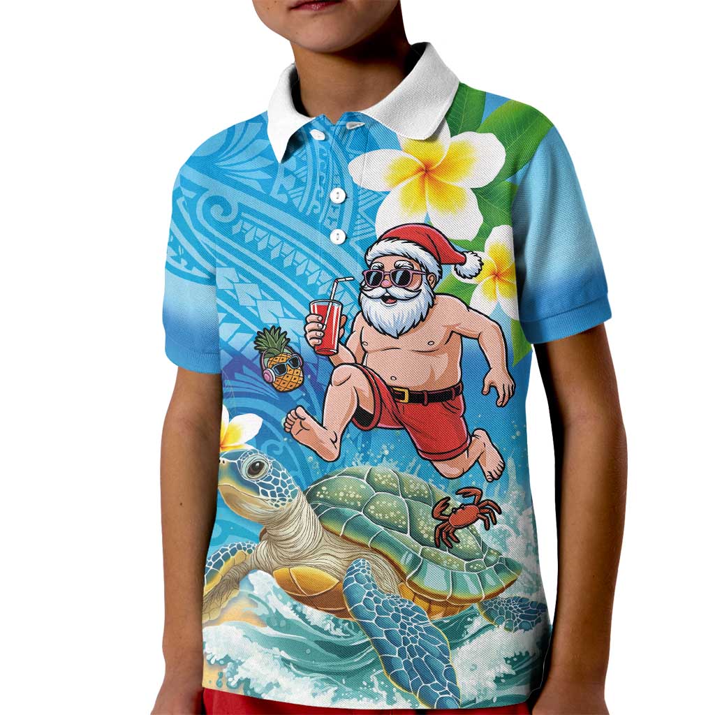Polynesian Merry Christmas Kid Polo Shirt Funny Santa with Sea Turtle Beach Plumeria LT03 Kid Multicolor - Polynesian Pride