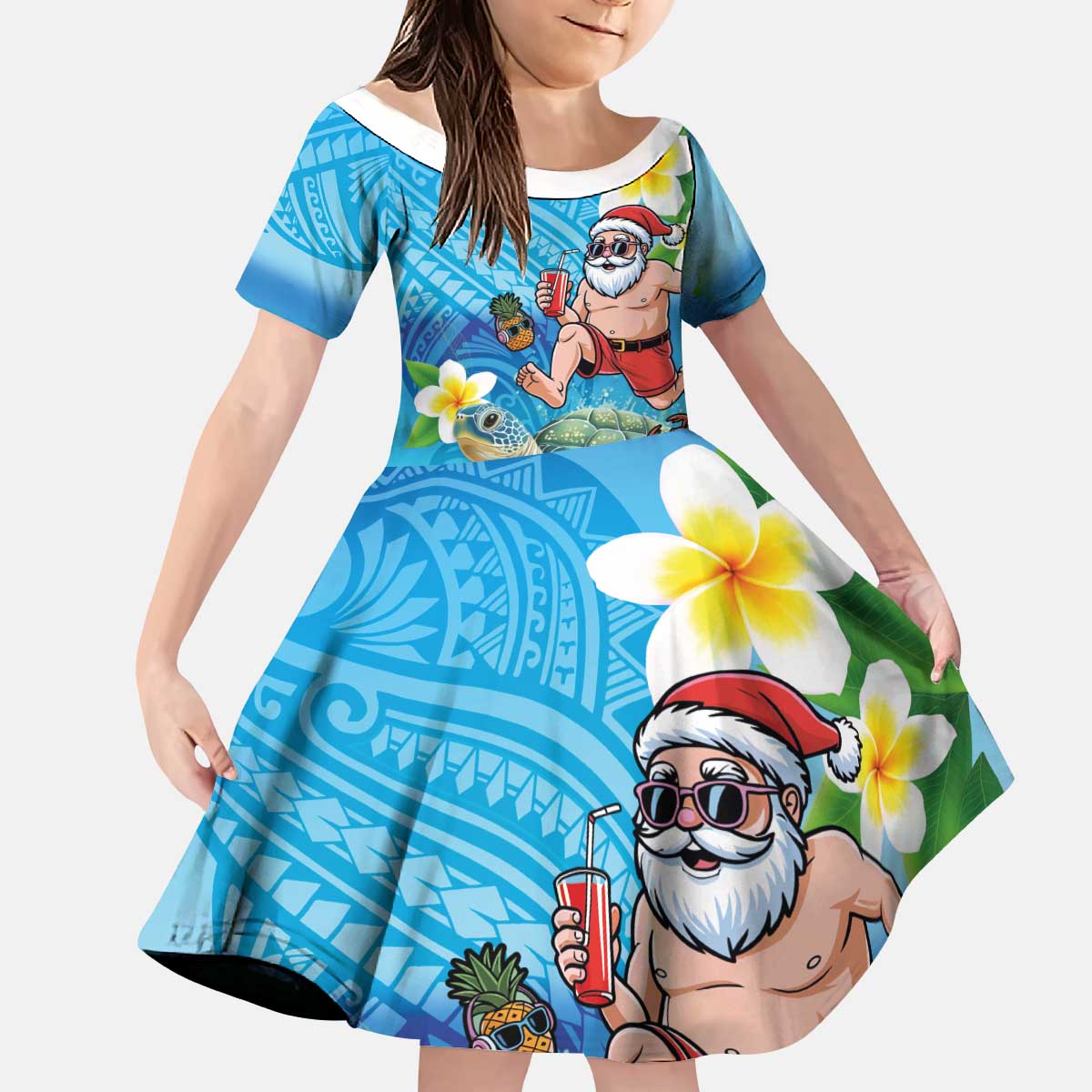 Polynesian Merry Christmas Kid Short Sleeve Dress Funny Santa with Sea Turtle Beach Plumeria - Polynesian Pride