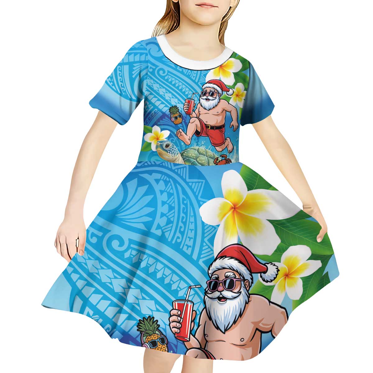 Polynesian Merry Christmas Kid Short Sleeve Dress Funny Santa with Sea Turtle Beach Plumeria LT03 - Polynesian Pride