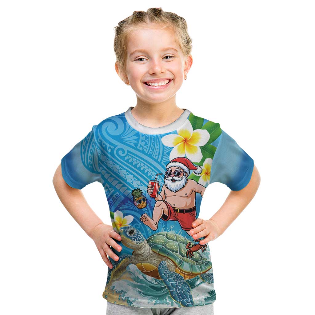 Polynesian Merry Christmas Kid T Shirt Funny Santa with Sea Turtle Beach Plumeria - Polynesian Pride