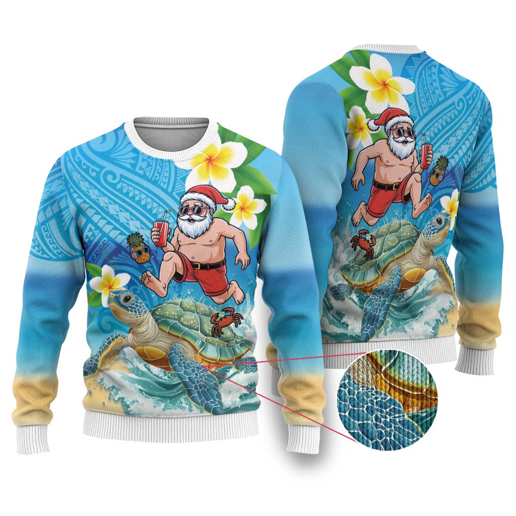Polynesian Merry Christmas Ugly Christmas Sweater Funny Santa with Sea Turtle on Beach and Plumeria LT03 Multicolor - Polynesian Pride