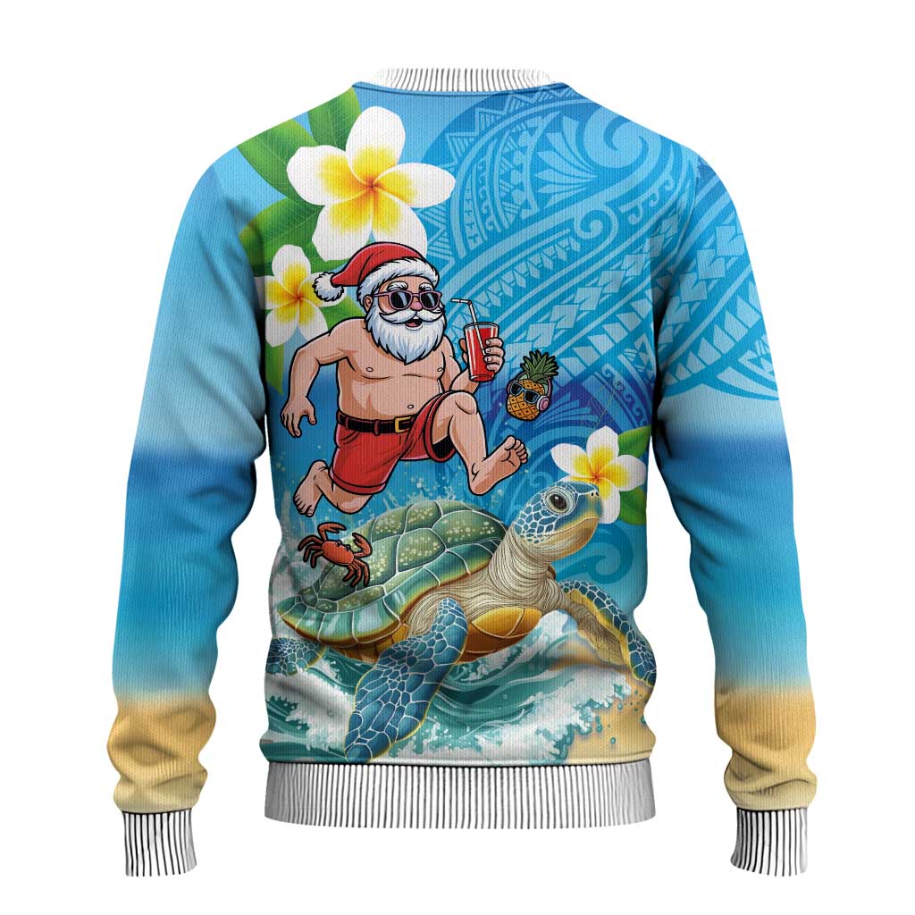 Polynesian Merry Christmas Ugly Christmas Sweater Funny Santa with Sea Turtle on Beach and Plumeria LT03 - Polynesian Pride