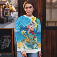 Polynesian Merry Christmas Ugly Christmas Sweater Funny Santa with Sea Turtle on Beach and Plumeria LT03 - Polynesian Pride