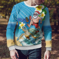 Polynesian Merry Christmas Ugly Christmas Sweater Funny Santa with Sea Turtle on Beach and Plumeria LT03 - Polynesian Pride