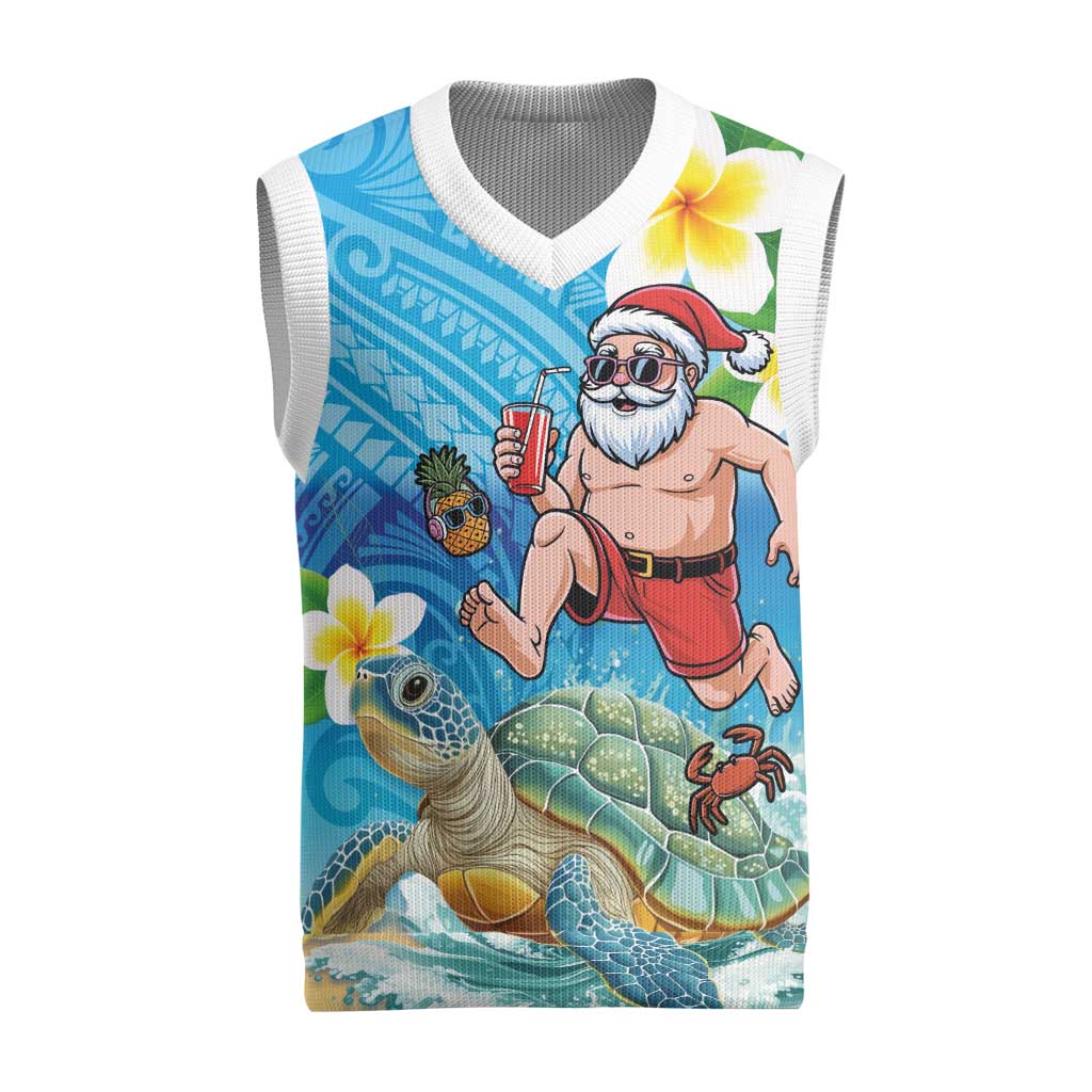 Polynesian Merry Christmas Knitted V-Neck Vest Funny Santa with Sea Turtle on Beach and Plumeria LT03 Multicolor - Polynesian Pride