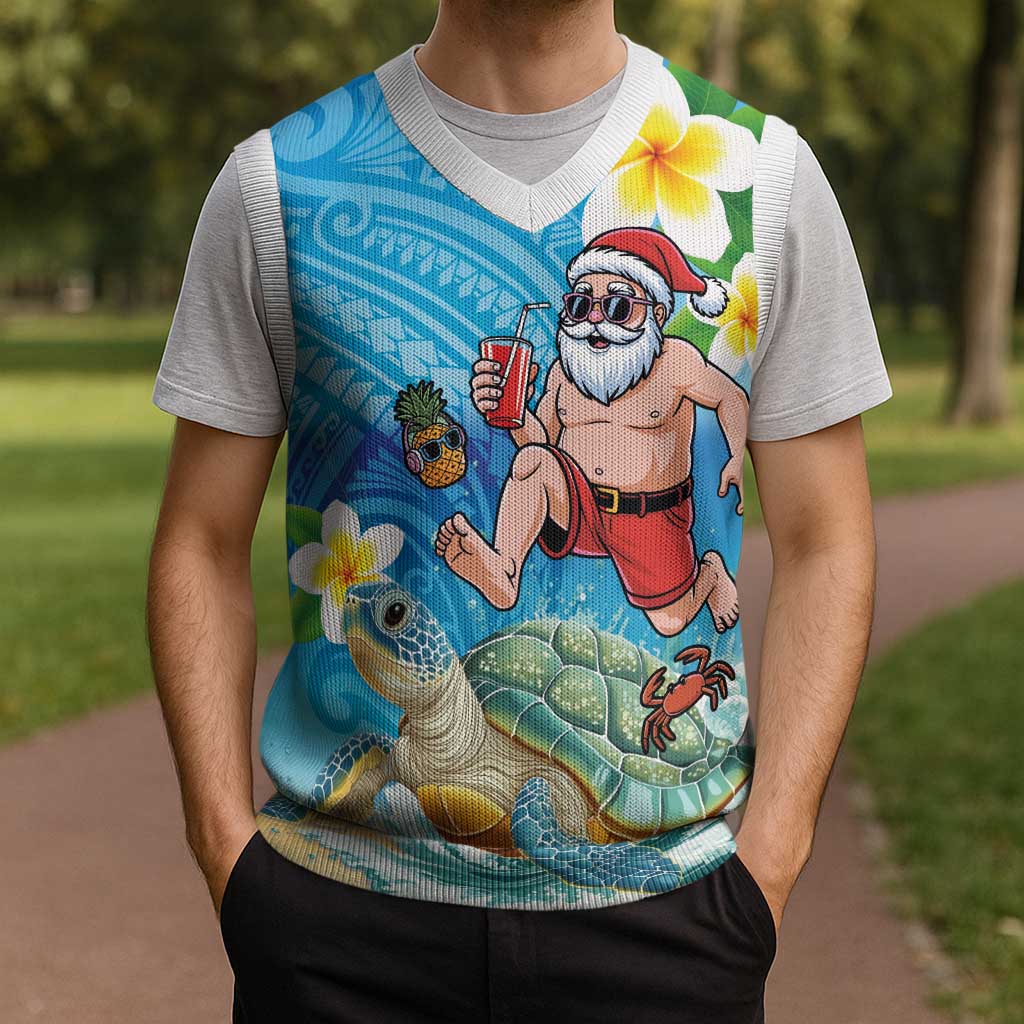 Polynesian Merry Christmas Knitted V-Neck Vest Funny Santa with Sea Turtle on Beach and Plumeria LT03 - Polynesian Pride