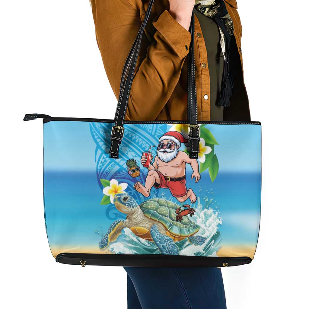 Polynesian Merry Christmas Leather Tote Bag Funny Santa with Sea Turtle Beach Plumeria - Polynesian Pride