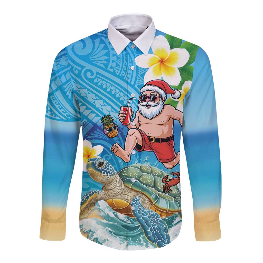 Polynesian Merry Christmas Long Sleeve Button Shirt Funny Santa with Sea Turtle Beach Plumeria LT03 Unisex Multicolor - Polynesian Pride