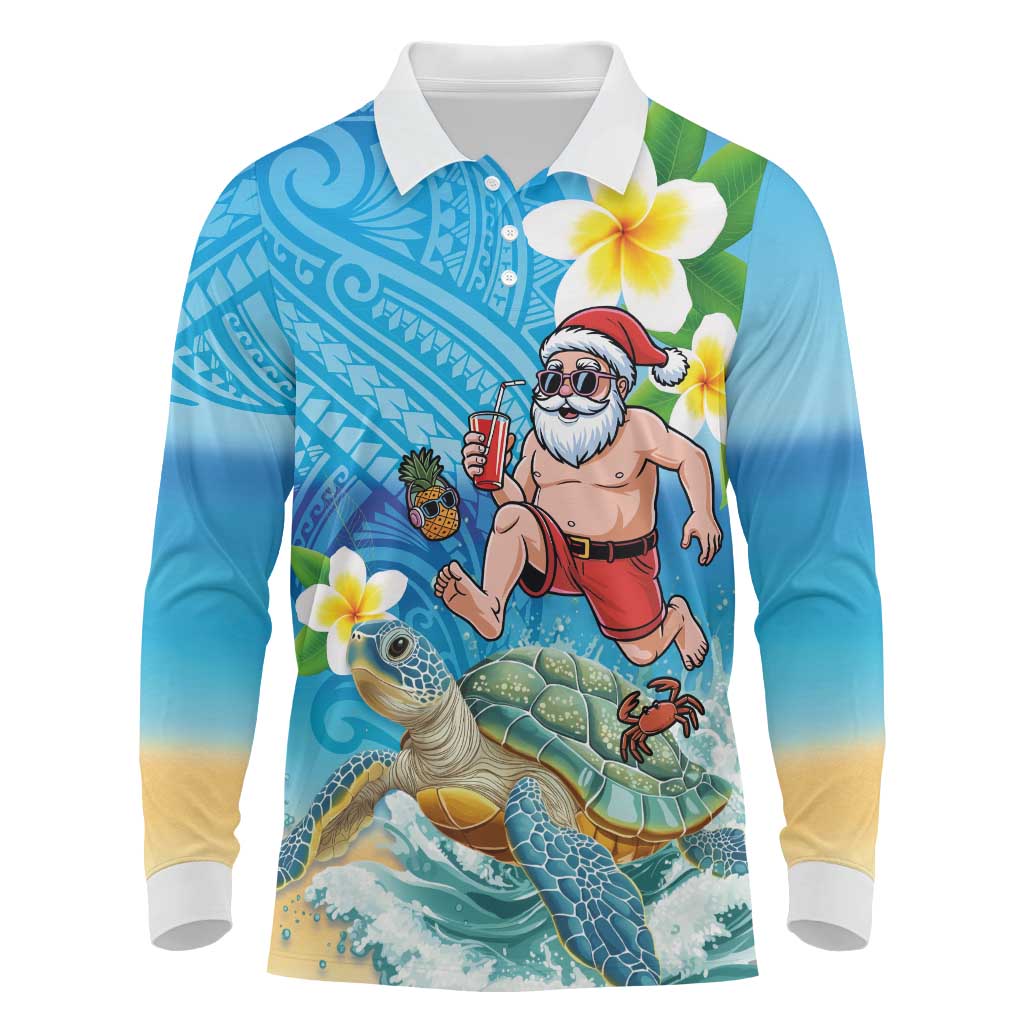 Polynesian Merry Christmas Long Sleeve Polo Shirt Funny Santa with Sea Turtle Beach Plumeria LT03 Multicolor - Polynesian Pride