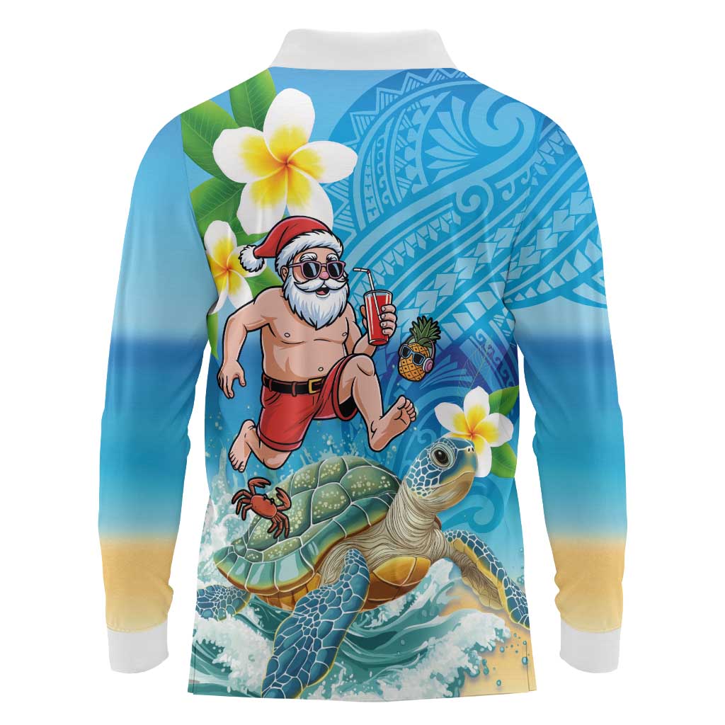 Polynesian Merry Christmas Long Sleeve Polo Shirt Funny Santa with Sea Turtle Beach Plumeria LT03 - Polynesian Pride