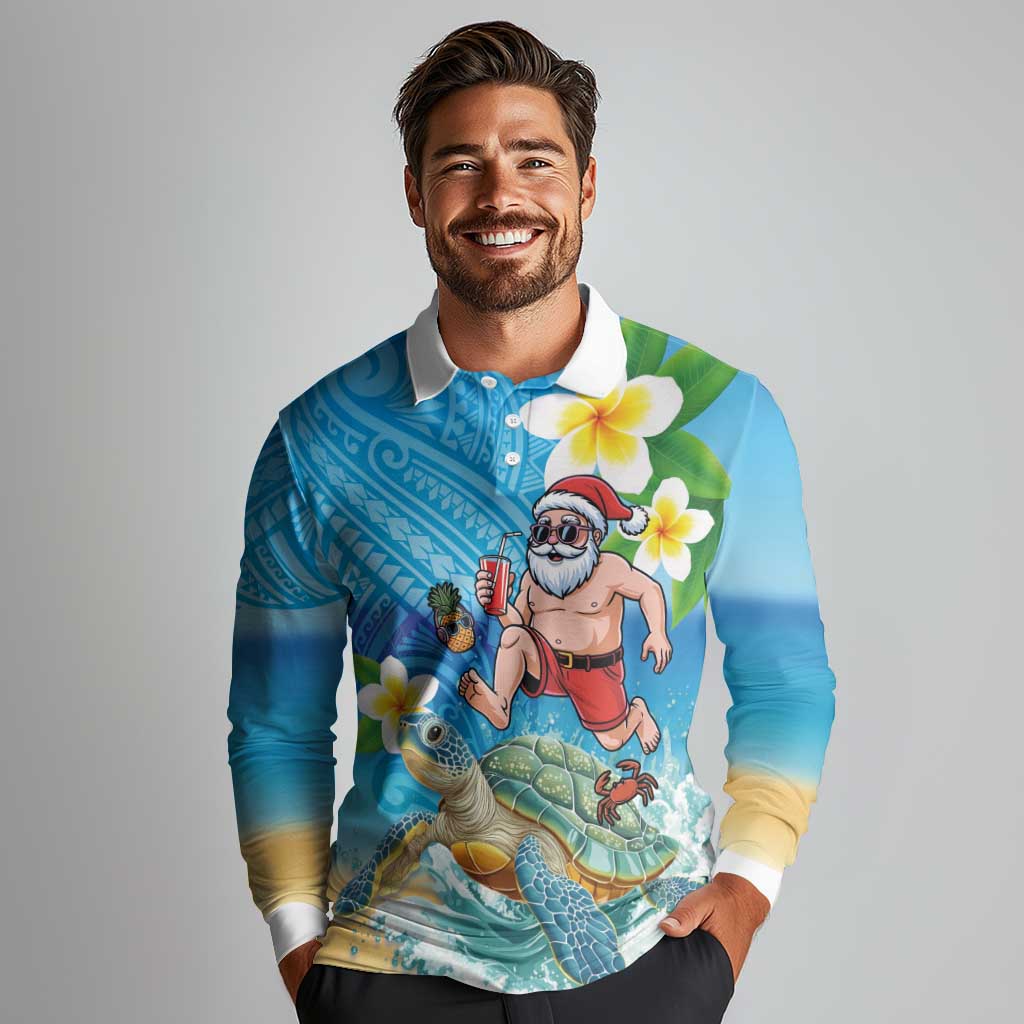 Polynesian Merry Christmas Long Sleeve Polo Shirt Funny Santa with Sea Turtle Beach Plumeria LT03 - Polynesian Pride