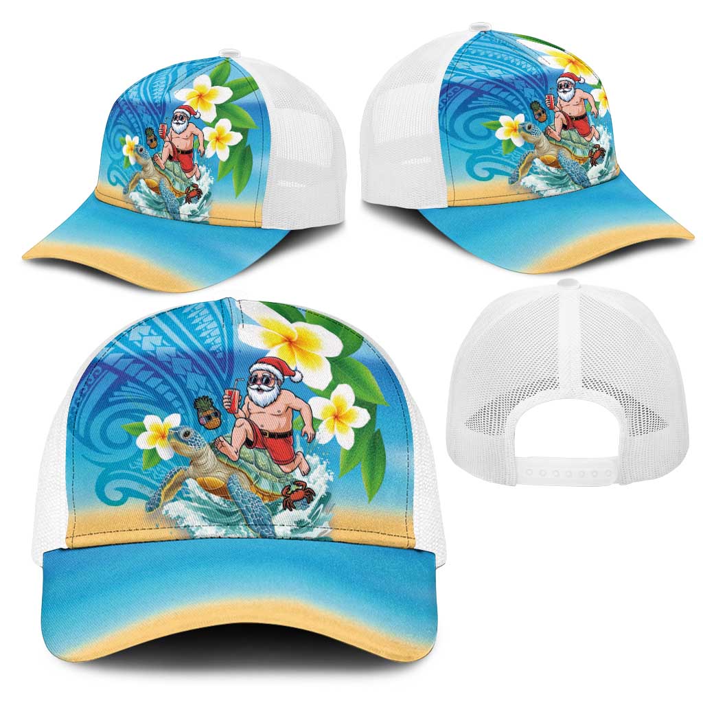 Polynesian Merry Christmas Mesh Trucker Cap Funny Santa with Sea Turtle Beach and Plumeria - Polynesian Pride