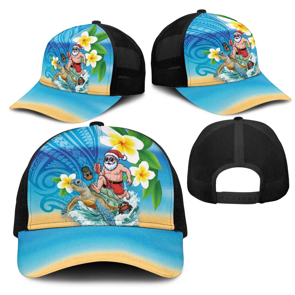 Polynesian Merry Christmas Mesh Trucker Cap Funny Santa with Sea Turtle Beach and Plumeria - Polynesian Pride