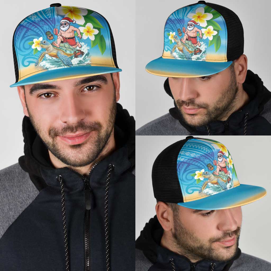 Polynesian Merry Christmas Mesh Trucker Cap Funny Santa with Sea Turtle Beach and Plumeria - Polynesian Pride