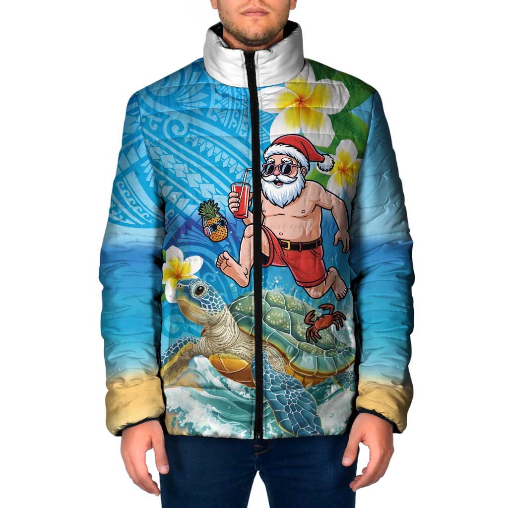 Polynesian Merry Christmas Padded Jacket Funny Santa with Sea Turtle Beach Plumeria LT03 Men Multicolor - Polynesian Pride