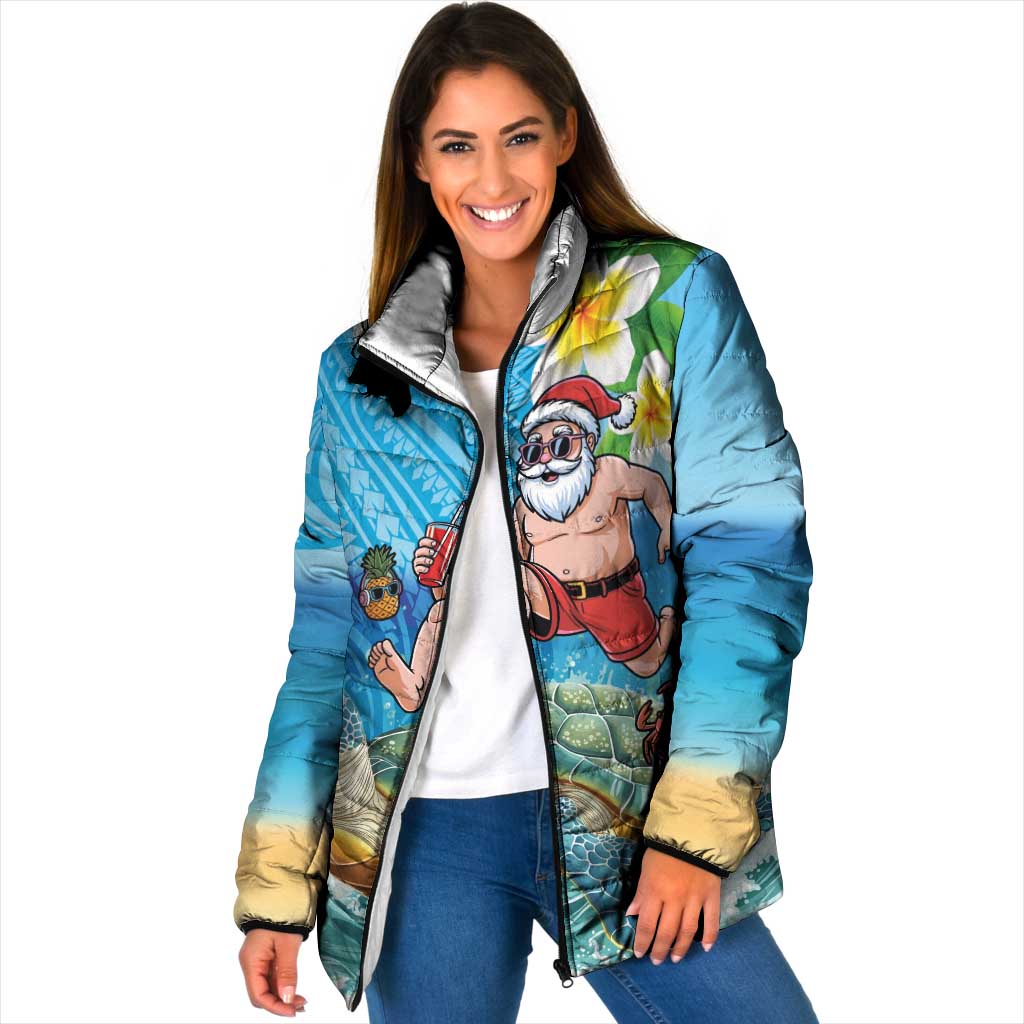 Polynesian Merry Christmas Padded Jacket Funny Santa with Sea Turtle Beach Plumeria LT03 Women Multicolor - Polynesian Pride