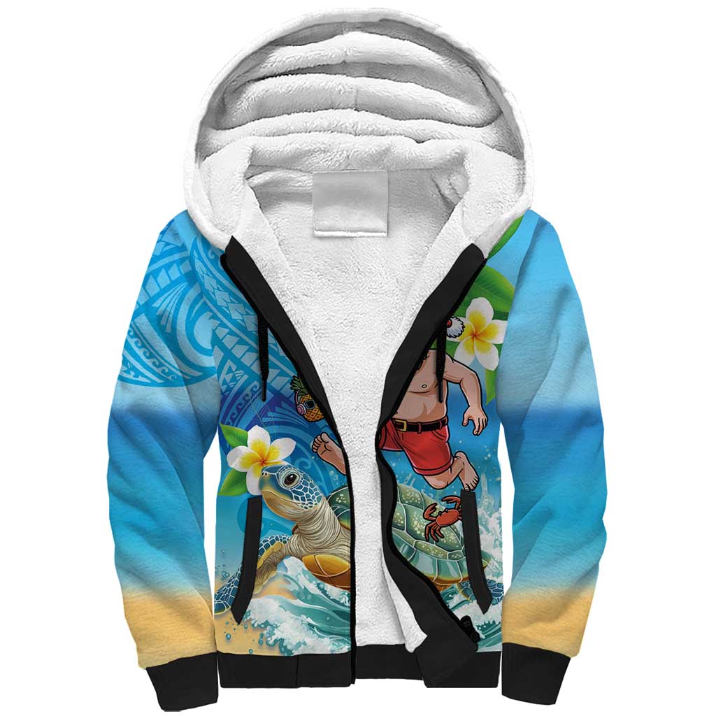Polynesian Merry Christmas Sherpa Hoodie Funny Santa with Sea Turtle Beach Plumeria LT03 Unisex Multicolor - Polynesian Pride