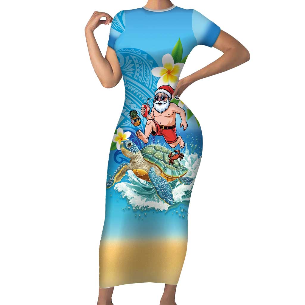 Polynesian Merry Christmas Short Sleeve Bodycon Dress Funny Santa with Sea Turtle Beach Plumeria - Polynesian Pride