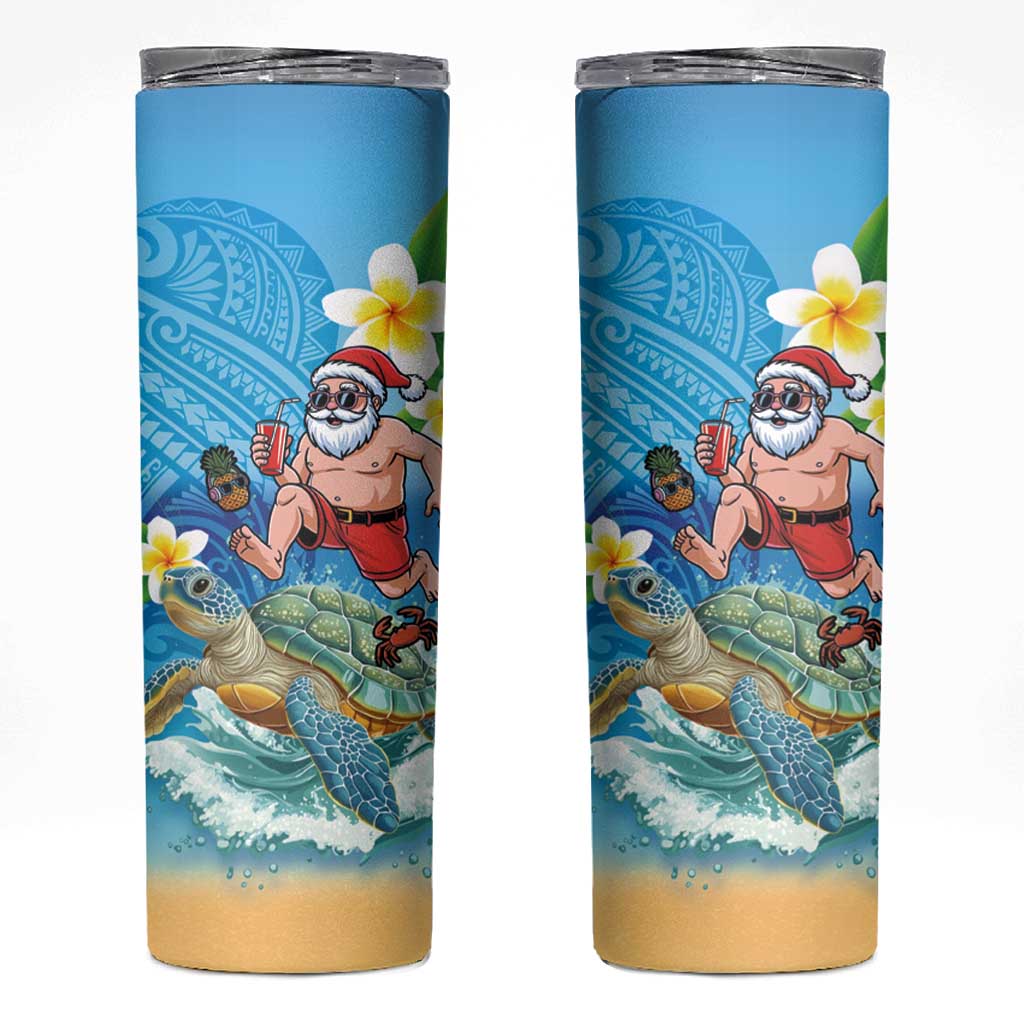 Polynesian Merry Christmas Skinny Tumbler Funny Santa with Sea Turtle Beach Plumeria LT03 Multicolor - Polynesian Pride