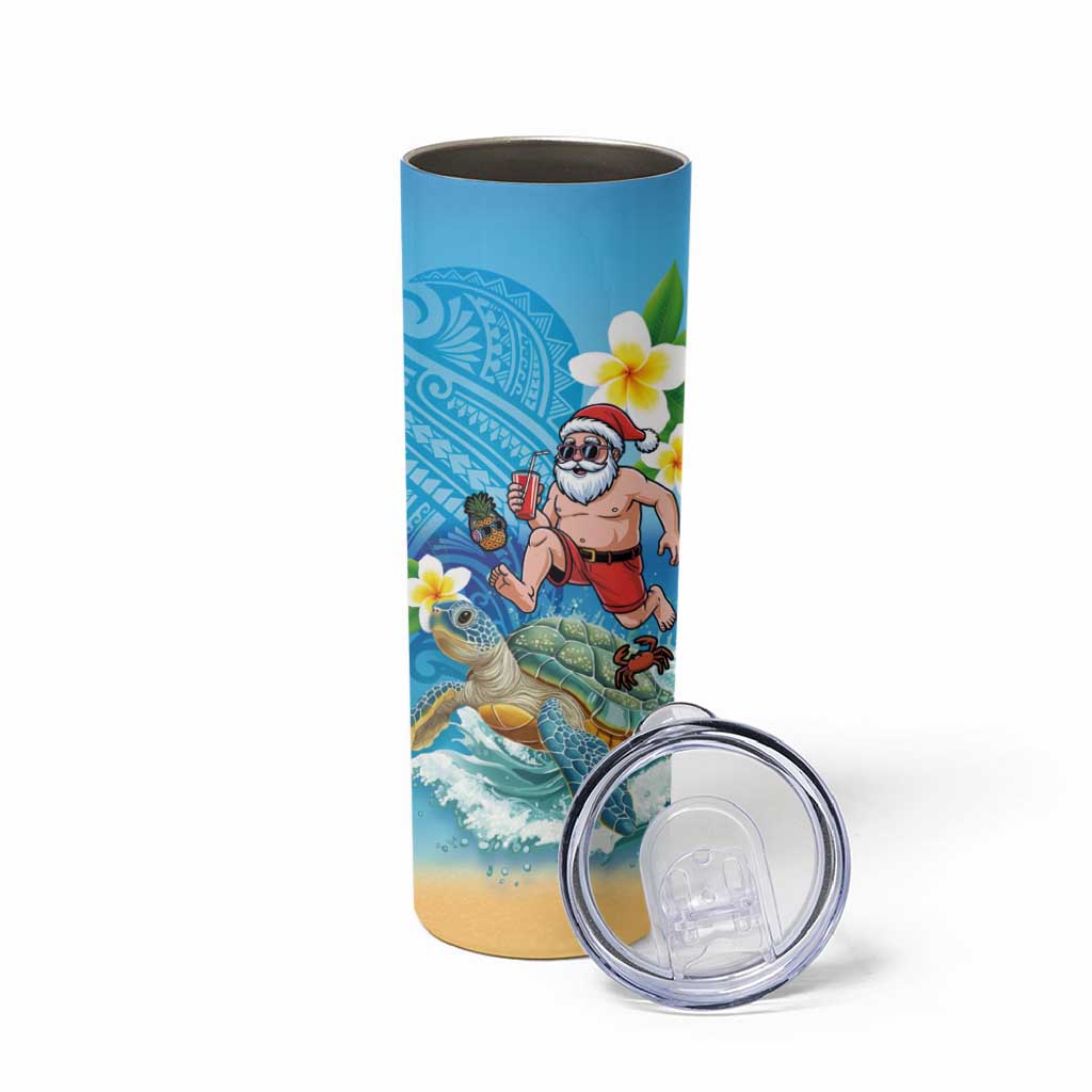 Polynesian Merry Christmas Skinny Tumbler Funny Santa with Sea Turtle Beach Plumeria LT03 - Polynesian Pride