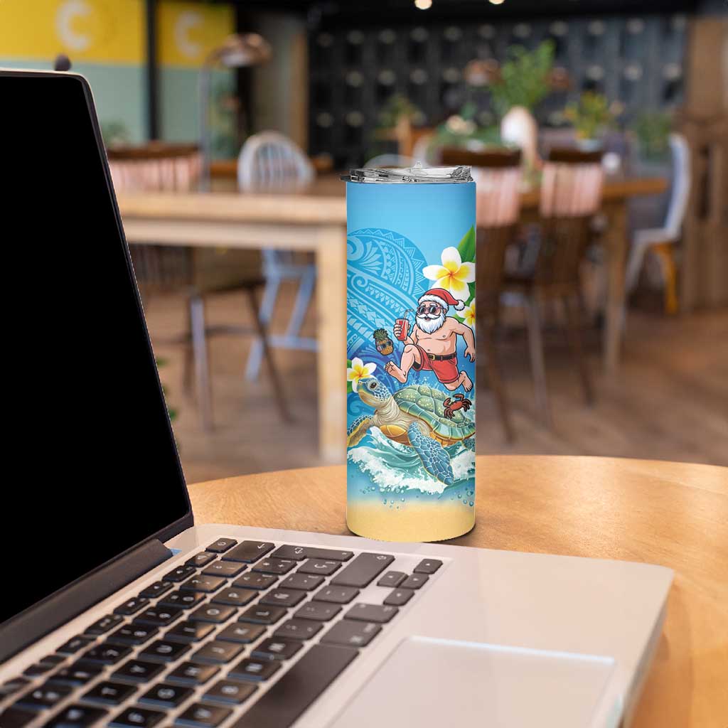 Polynesian Merry Christmas Skinny Tumbler Funny Santa with Sea Turtle Beach Plumeria LT03 - Polynesian Pride
