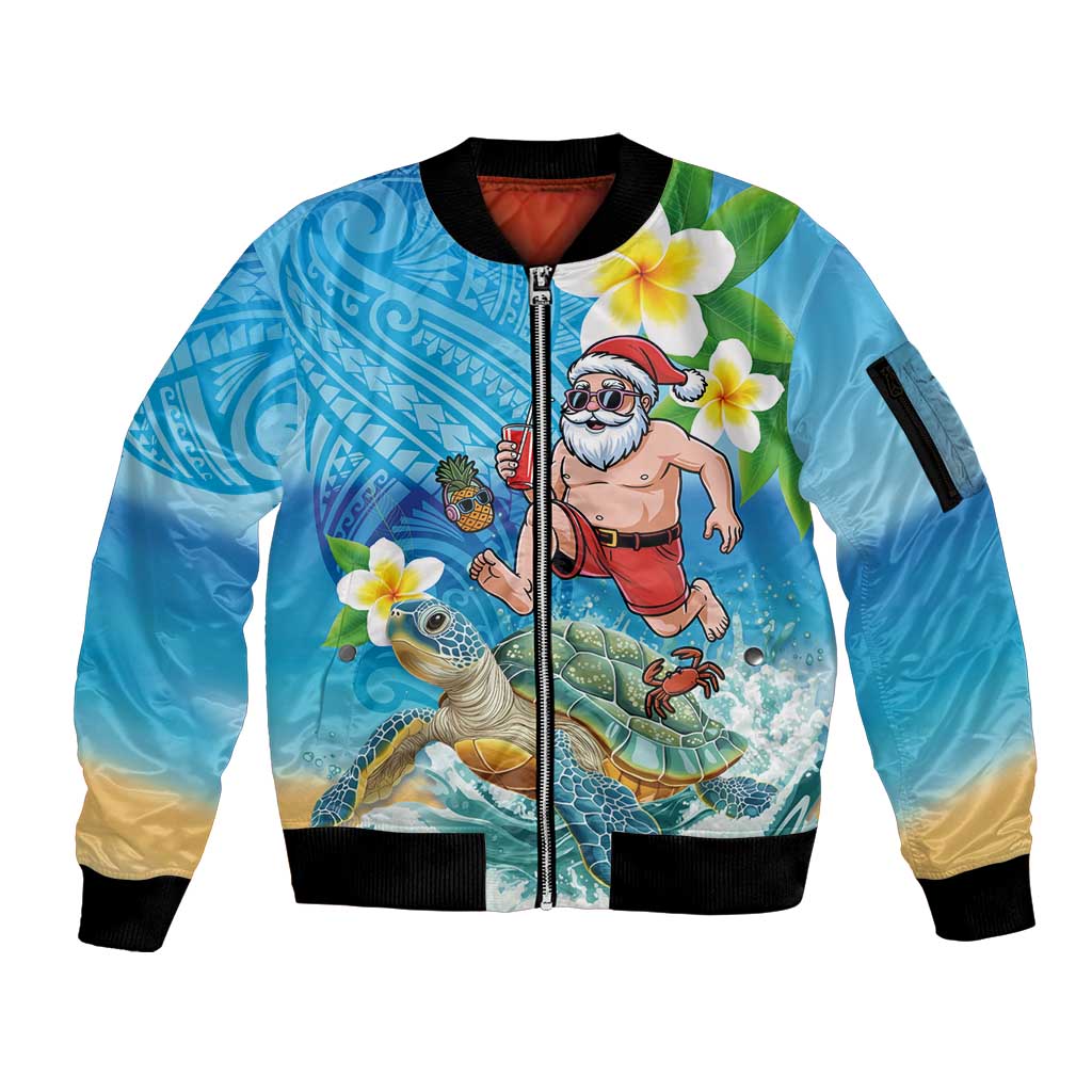 Polynesian Merry Christmas Sleeve Zip Bomber Jacket Funny Santa with Sea Turtle Beach Plumeria LT03 Unisex Multicolor - Polynesian Pride