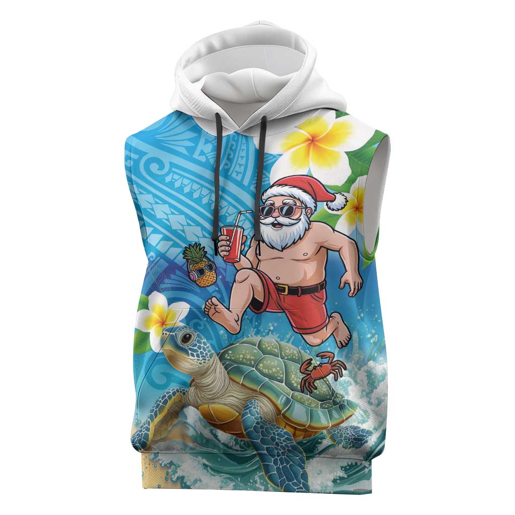 Polynesian Merry Christmas Sleeveless Hoodie Funny Santa with Sea Turtle Beach Plumeria LT03 Multicolor - Polynesian Pride