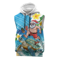 Polynesian Merry Christmas Sleeveless Hoodie Funny Santa with Sea Turtle Beach Plumeria LT03 Multicolor - Polynesian Pride