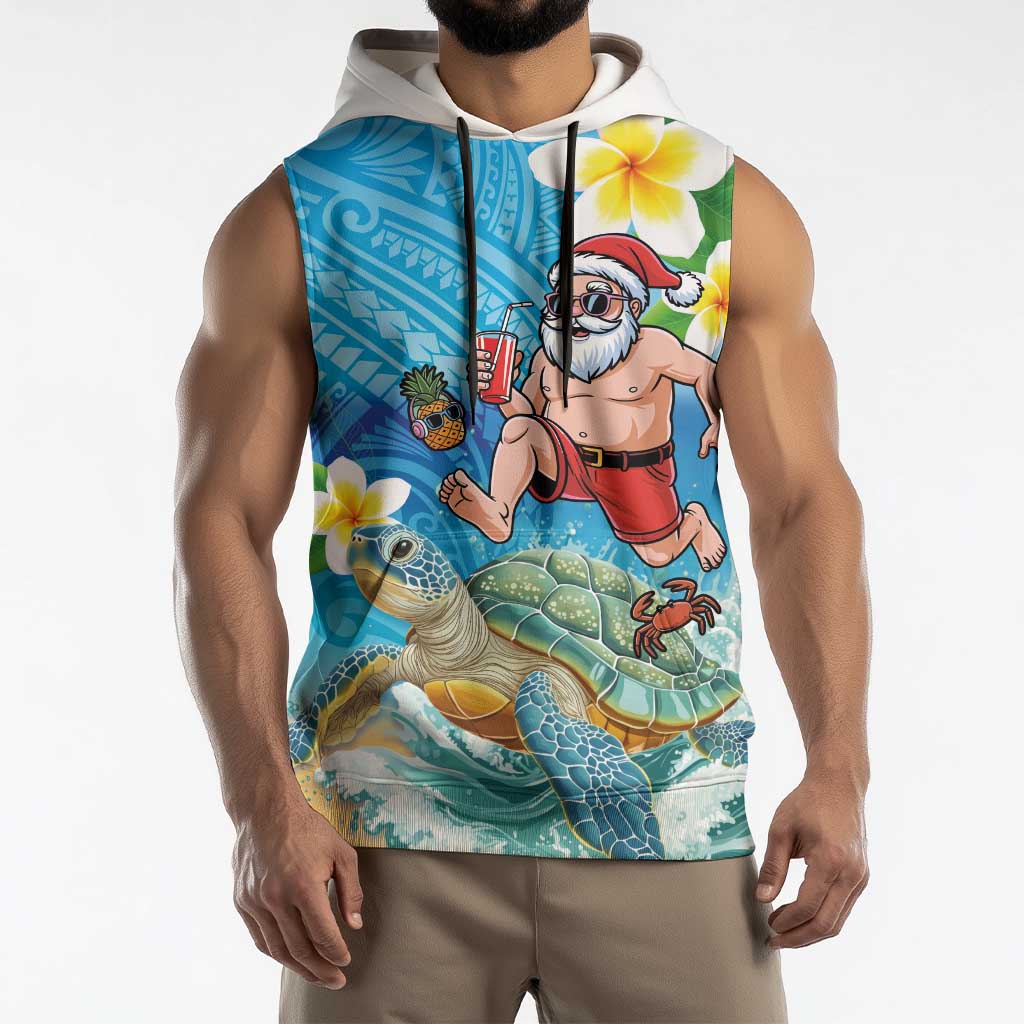 Polynesian Merry Christmas Sleeveless Hoodie Funny Santa with Sea Turtle Beach Plumeria LT03 - Polynesian Pride