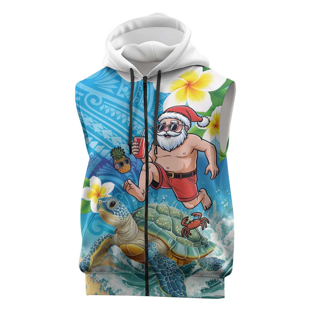 Polynesian Merry Christmas Sleeveless Zip Hoodie Funny Santa with Sea Turtle Beach Plumeria LT03 Multicolor - Polynesian Pride