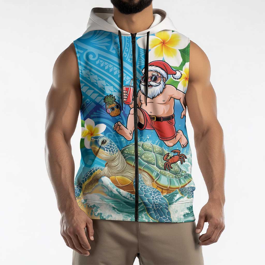 Polynesian Merry Christmas Sleeveless Zip Hoodie Funny Santa with Sea Turtle Beach Plumeria LT03 - Polynesian Pride