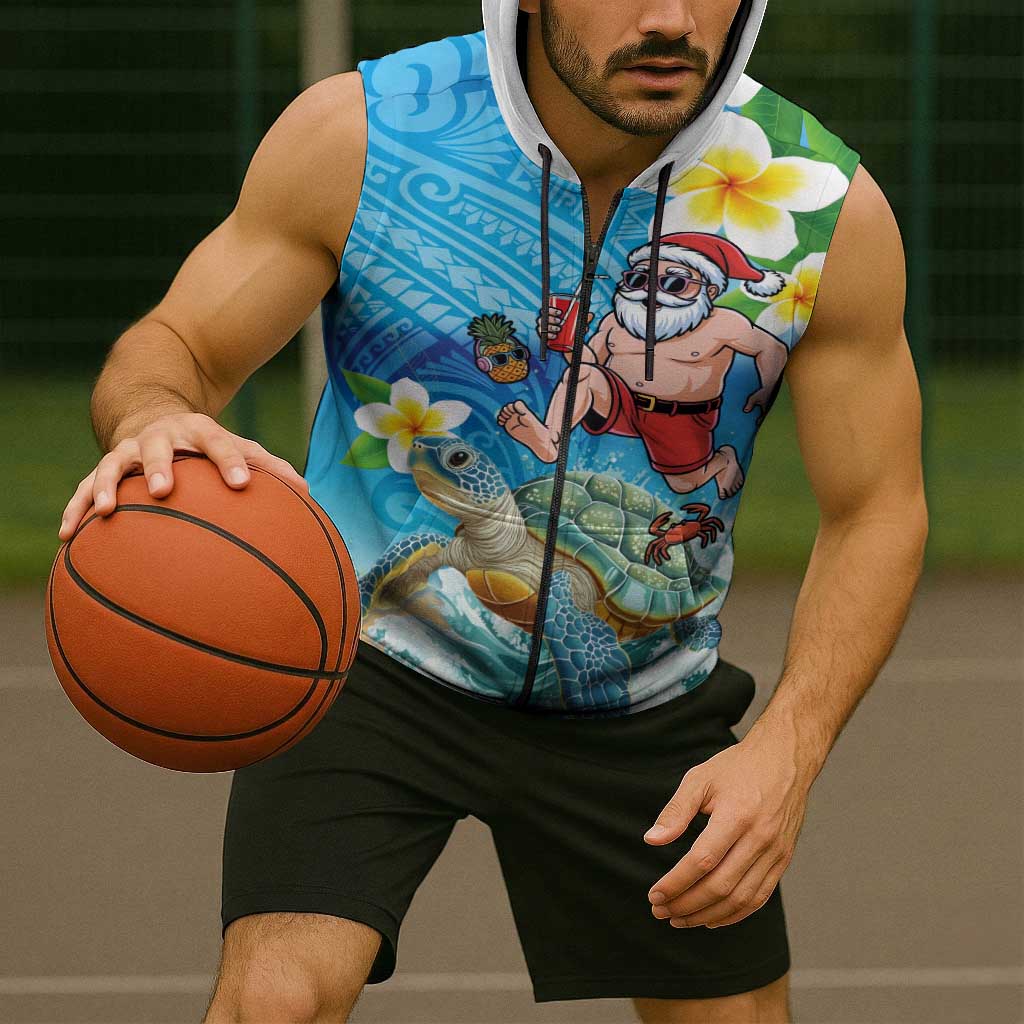 Polynesian Merry Christmas Sleeveless Zip Hoodie Funny Santa with Sea Turtle Beach Plumeria LT03 - Polynesian Pride
