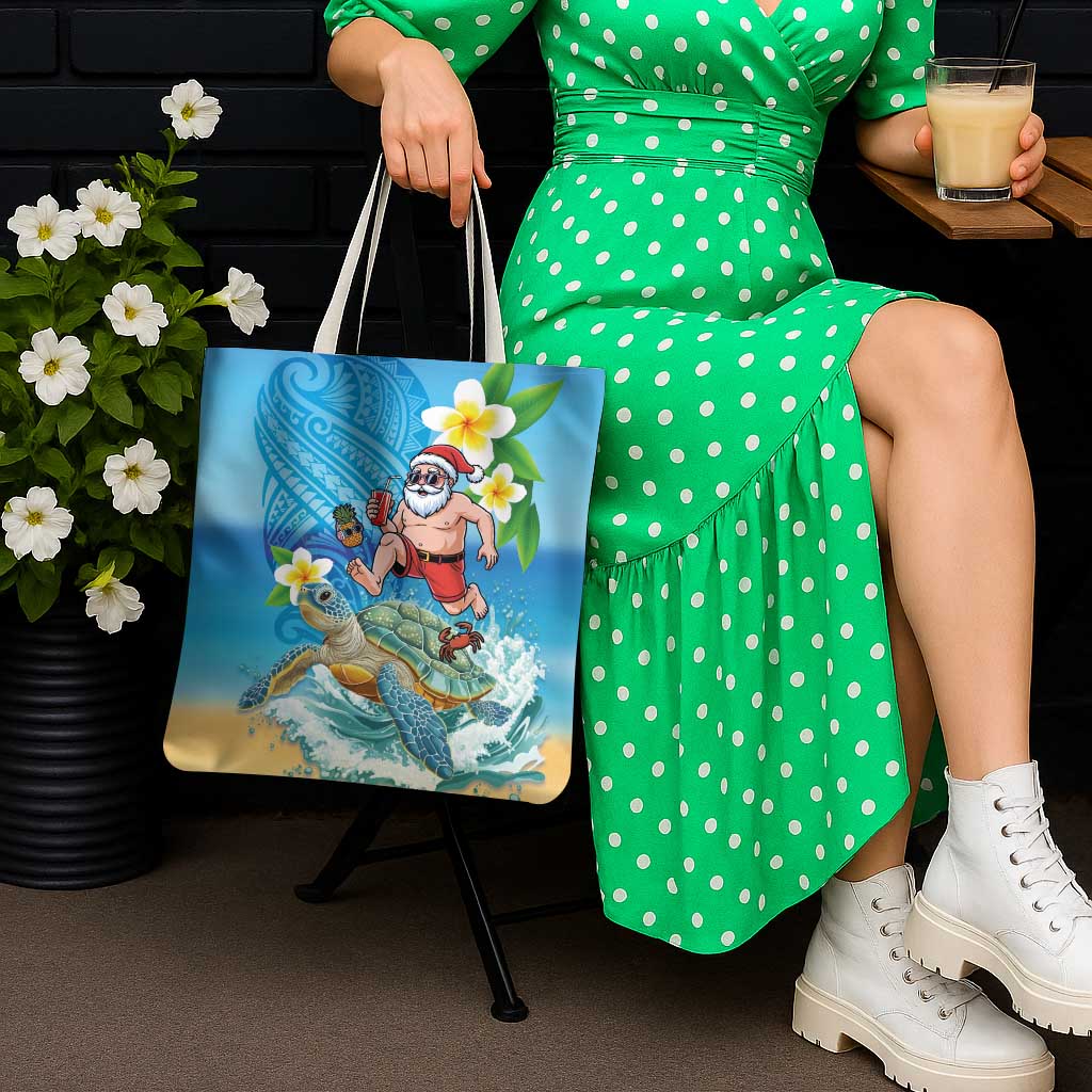 Polynesian Merry Christmas Tote Bag Funny Santa with Sea Turtle Beach Plumeria - Polynesian Pride
