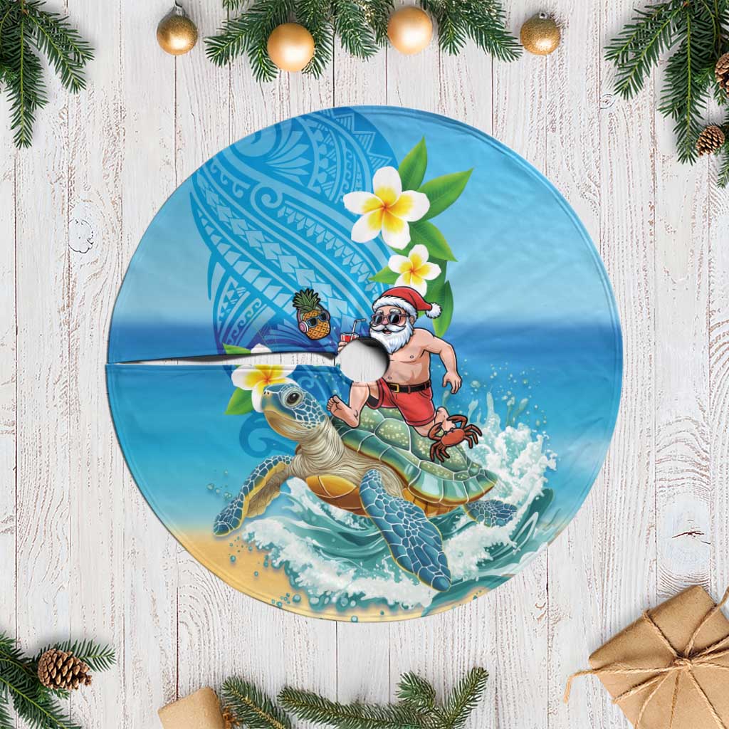 Polynesian Merry Christmas Tree Skirt Funny Santa with Sea Turtle on Beach and Plumeria LT03 Casual Multicolor - Polynesian Pride