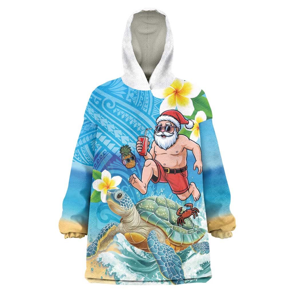 Polynesian Merry Christmas Wearable Blanket Hoodie Funny Santa with Sea Turtle Beach Plumeria LT03 One Size Multicolor - Polynesian Pride